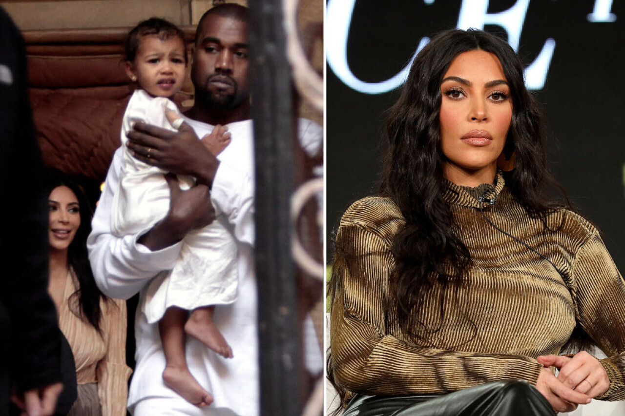 På bilden syns Kim Kardashian, North West och Kanye West.